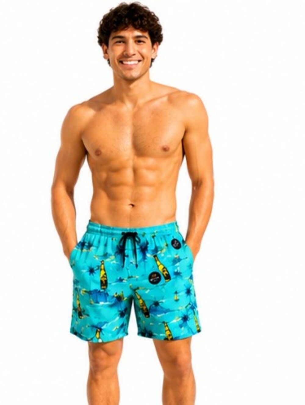 CORONA MEN'S BOARD SHORTS Turquoise Tropical Bottle Print Swim Trunks SIZE Small